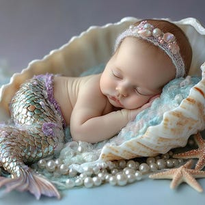May include: A baby wearing a mermaid costume sleeps in a large seashell with a pearl headband. The seashell is surrounded by pearls and starfish.