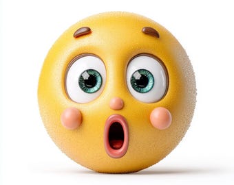 May include: A 3D rendered yellow emoji with a surprised expression. The emoji has large, wide eyes with green irises, pink cheeks, and a wide-open mouth. Brown accents are above the eyes.