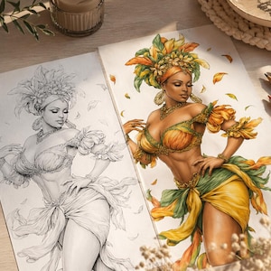 Può includere: Una pagina di un libro da colorare con una donna in costume vivace, accanto a una versione colorata. L'illustrazione a colori mostra una donna in un abito giallo e verde con un copricapo floreale. Matite e oggetti decorativi circondano le pagine.