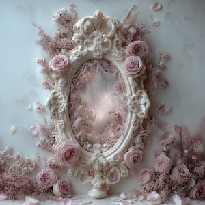 Romantic Mirror Background with Roses | Vintage Floral Frame Pink White | Digital Composing Backdrop PNG PDF Download