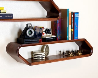 Mid-Century Modern Hexagon Bent Wood Floating Shelf | Handmade Hardwood Floating Shelves | Floating Bookshelf | Unique Wall Shelf