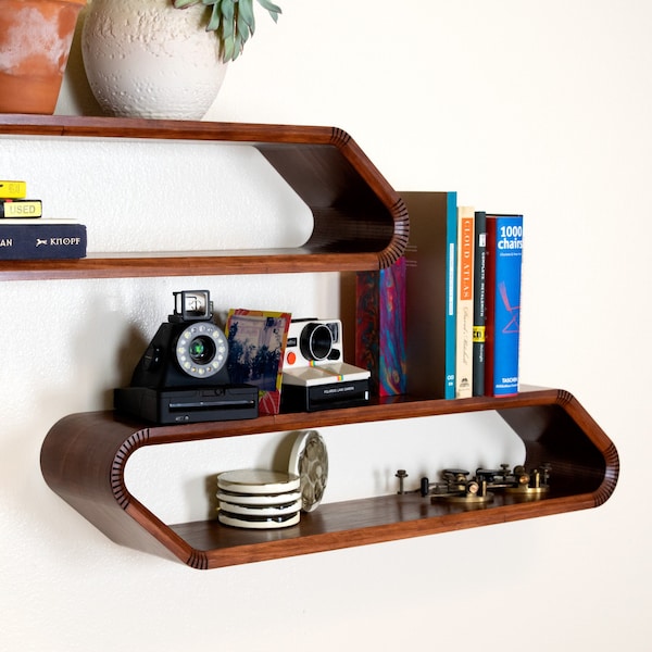 Mid-Century Modern Hexagon Bent Wood Floating Shelf | Handmade Hardwood Floating Shelves | Floating Bookshelf | Unique Wall Shelf