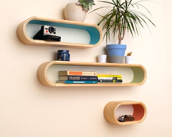 Colorful Mid-Century Modern Geometric Bent Wood Floating Shelf | Handmade Solid Wood Display Shelves | Floating Bookshelf, Unique Wall Shelf