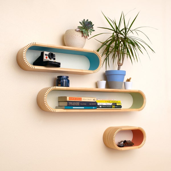 Colorful Mid-Century Modern Geometric Bent Wood Floating Shelf | Handmade Solid Wood Display Shelves | Floating Bookshelf, Unique Wall Shelf