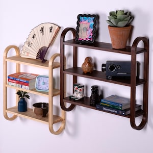 Three Tiered MCM Wall Shelf: Pine, Walnut, Cherry Finish