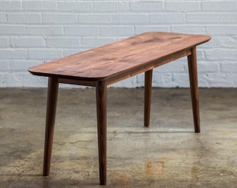 Mid Century Modern Walnut Bench: Solid Hardwood Entryway or Dining Bench