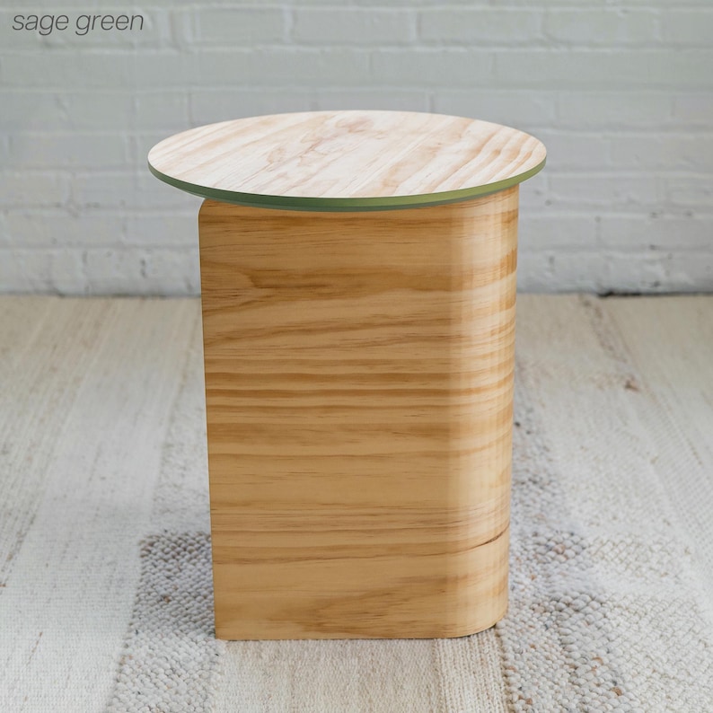 Sage Green Colorful Round Side Table | Living Room End Table | Low Side Table | Modern Nightstand | Wooden Bedside Table | Mid Century Modern Table. Angle Photography 3.