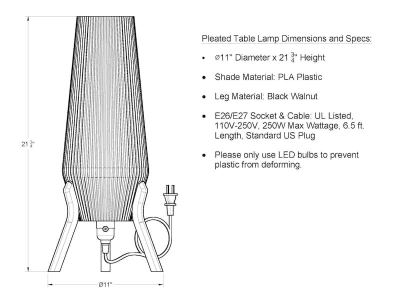 May include: A line drawing of a pleated table lamp with a PLA plastic shade and black walnut legs. The lamp measures 28 cm in diameter and 55 cm in height. It includes an E26/E27 socket, a 2-metre cable, and a standard plug for electrical connection.