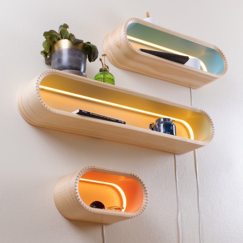 Colorful Modern Floating Shelf With LED Lighting | Solid Bent Wood Wall Shelves | Floating Display Shelves w/ Lights |Mid Century Wall Shelf