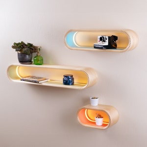 Colorful Modern Floating Shelf With LED Lighting | Solid Bent Wood Wall Shelves | Floating Display Shelves w/ Lights |Mid Century Wall Shelf