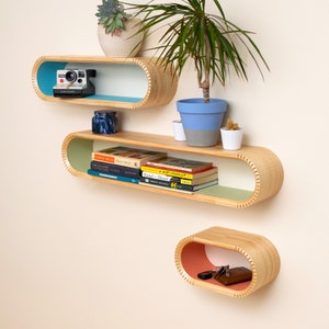 Colorful Wood Floating Shelves | Floating shelf | Bentwood Bookshelf | Handmade Floating Shelf | Modernist Floating Shelf | Mid-century Modern Shelf