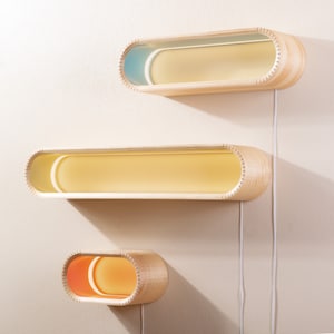 Colorful Modern Floating Shelf With LED Lighting | Solid Bent Wood Wall Shelves | Floating Display Shelves w/ Lights |Mid Century Wall Shelf
