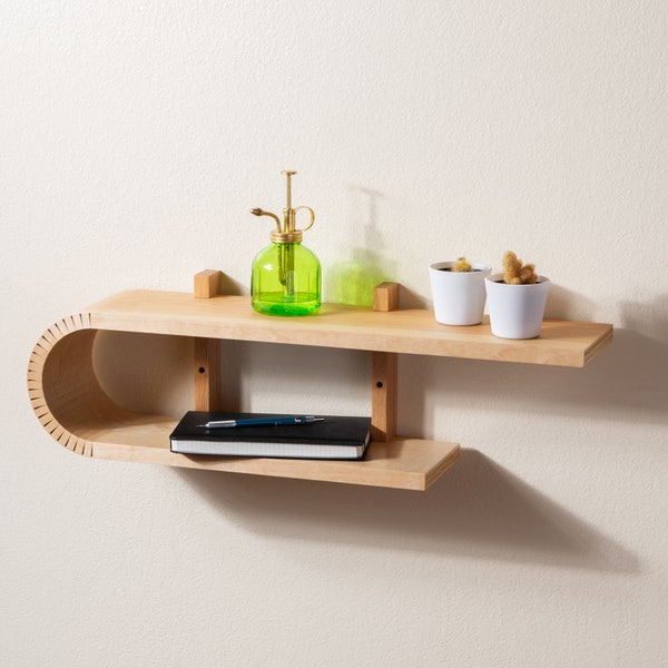 Braced Bent Wood Shelf | Handmade Mid Century Modern Geometric Floating Shelf | Modern Minimal Wood Display Shelf | Unique Wall Bookshelf