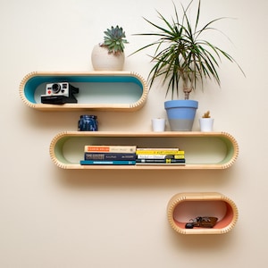 Colorful Wood Floating Shelves | Floating shelf | Bentwood Bookshelf | Handmade Floating Shelf | Modernist Floating Shelf | Mid-century Modern Shelf