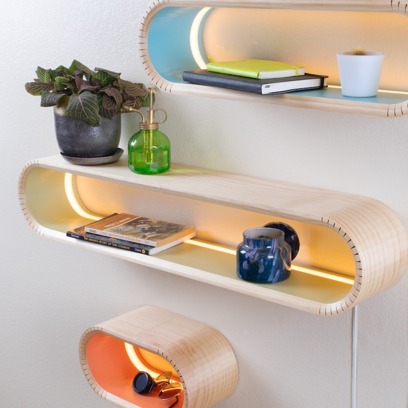 Colorful Modern Floating Shelf With LED Lighting | Solid Bent Wood Wall Shelves | Floating Display Shelves w/ Lights |Mid Century Wall Shelf