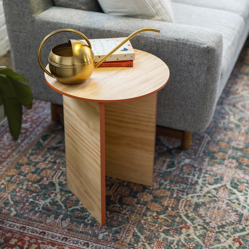 Low side table for living room with painted edge. Colorful Round Side Table | Living Room End Table | Low Side Table | Modern Nightstand | Wooden Bedside Table | Mid Century Modern Table