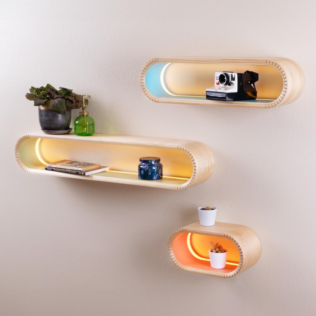 Colorful Modern Floating Shelf With LED Lighting | Solid Bent Wood Wall ...