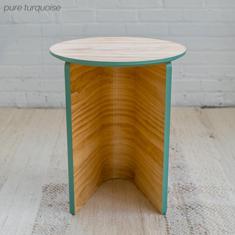 Pure Turquoise Colorful Round Side Table | Living Room End Table | Low Side Table | Modern Nightstand | Wooden Bedside Table | Mid Century Modern Table. Angle Photography 5.