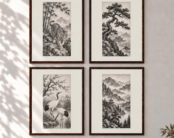 May include: A set of four framed wall art prints featuring black and white ink-style illustrations. The images depict a tiger in a bamboo forest, a gnarled pine tree on a cliff, two cranes near water, and a mountain landscape with a pagoda.
