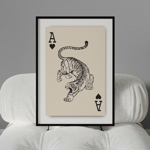 Art mural tigre d'inspiration vintage | Art mural imprimé tigre pour une décoration intérieure éclectique | Cartes à jouer