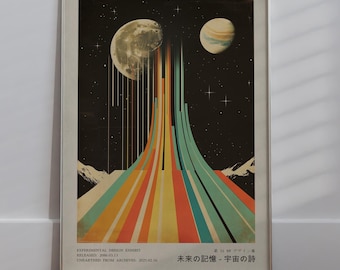 Puede incluir: Un póster de estilo retro con un diseño colorido similar a un arcoíris que se eleva desde un paisaje nevado. El póster presenta dos cuerpos celestes, una luna y un planeta, sobre un fondo de cielo estrellado azul oscuro. El texto en el póster dice "未来の自由 - 平和の道".