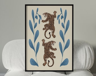 Vintage blue tiger | Retro tiger print | Printable Wall Art | Trendy Wall Art