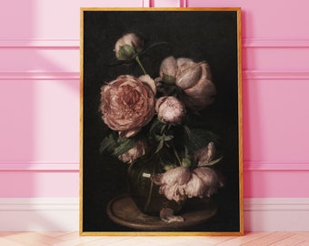 May include: A vintage-style painting of a bouquet of pink peonies in a dark brown vase. The flowers are arranged in a loose, natural style, and the background is a dark, moody color.