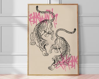 Vintage-Inspired Tiger Pink Wall Art | Tiger Print Wall Art for Eclectic Home Decor | Asian Tigers