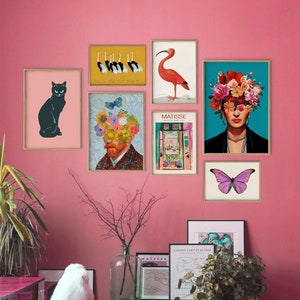 Conjunto de pared de galería ecléctica cálida y rosa / Arte de pared maximalista / Impresiones eclécticas / Van Gogh / Frida Kahlo