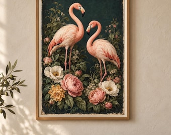 May include: A rectangular wall art print featuring two pink flamingos standing amidst a lush arrangement of blooming flowers, including large pink peonies, white blossoms, and yellow petals, set against a dark, moody green background.