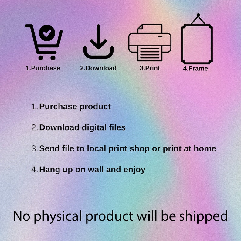 May include: A digital download graphic showing the steps to purchase, download, print, and frame a digital product. The text reads: "1. Purchase product, 2. Download digital files, 3. Send file to local print shop or print at home, 4. Hang up on wall and enjoy. No physical product will be shipped."
