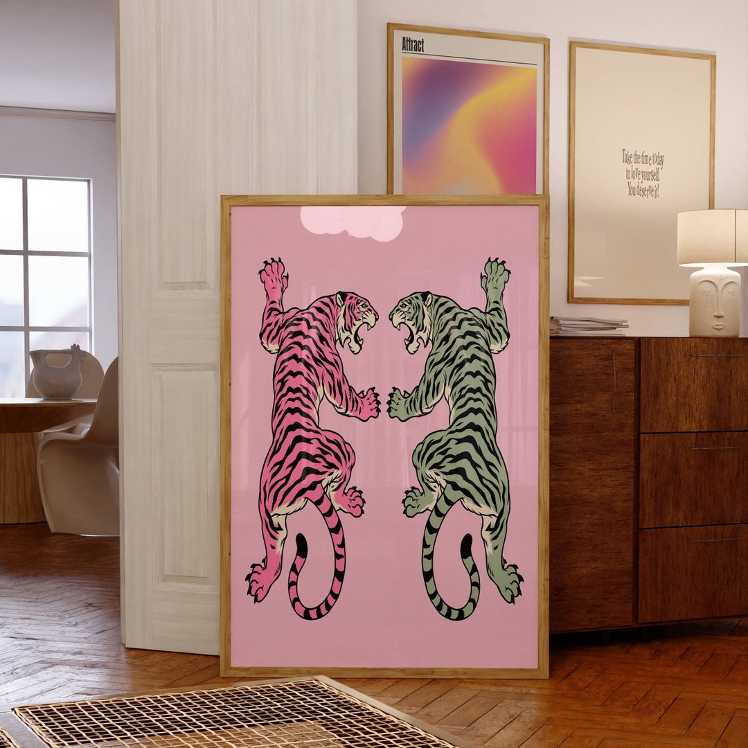 Vintageinspired Sage Green and Pink Wall Art Tiger Print Wall Art for