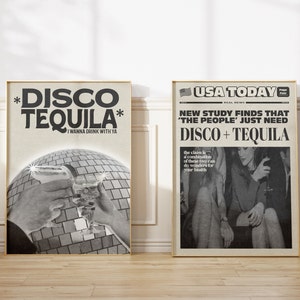 Retro Disco Tequila print, Champagne Headline Set of 2 Poster, Trendy Bar Cart, retro prints wall art, digital prints