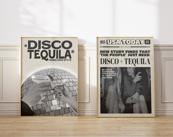 Retro Disco Tequila print, Champagne Headline Set of 2 Poster, Trendy Bar Cart, retro prints wall art, digital prints