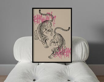 Tiger Graffiti Art Print | Vintage Asian-Inspired Home Decor