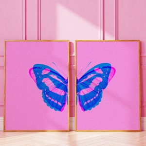 Butterfly Wall Art Print Set of 2, Pink Eclectic Dorm decor, Split Butterfly print, handmade Home decor, Digital Prints, Riso Effect
