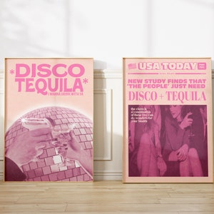 Retro Disco Tequila print, Champagne Headline Set van 2 Poster, Trendy Bar Cart, retro prints muurkunst, digitale prints