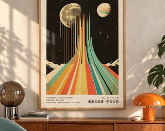 May include: A framed poster featuring a space scene with a large moon and a smaller planet above a landscape of vertical, multi-colored stripes in red, orange, yellow, and teal. Text includes Experimental Design Exhibit and Japanese characters.
