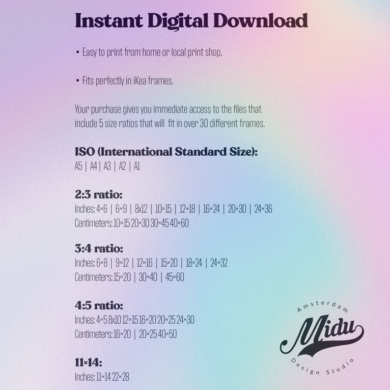 May include: A digital download guide for printing photos in standard sizes. The guide lists the ISO standard sizes for prints, including A5, A4, A3, A2, and A1, and provides the dimensions in inches and centimeters for each size.