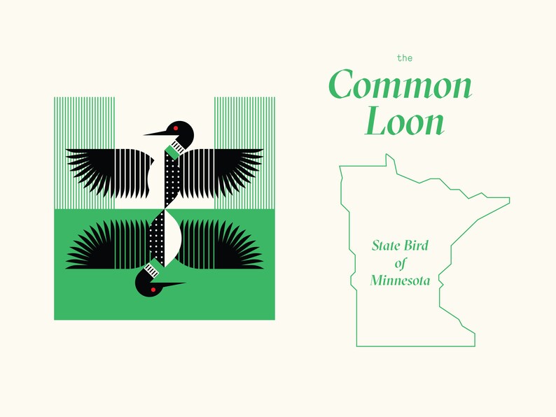 Peut inclure: Une illustration stylis&eacute;e du huard &agrave; collier, l'oiseau embl&eacute;matique du Minnesota. Le huard est repr&eacute;sent&eacute; en noir et blanc avec des yeux rouges, sur un fond vert et blanc. Le texte "the Common Loon" et "State Bird of Minnesota" est &eacute;galement inclus.