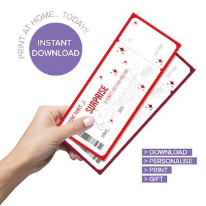 May include: Two red and white surprise theatre tickets with star and musical note designs. The tickets have space for details like date, venue, and recipient. The words "Instant Download" are in a purple circle.