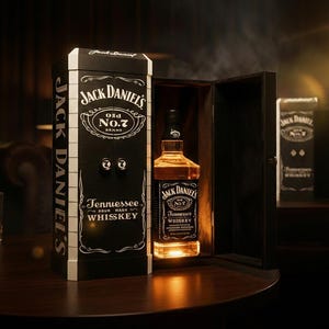 May include: A bottle of Jack Daniel's Tennessee Whiskey in a black display box. The box is black with white detailing and the Jack Daniel's logo. The bottle is illuminated, highlighting the amber liquid. The text "Jack Daniel's" and "Old No. 7" are visible.