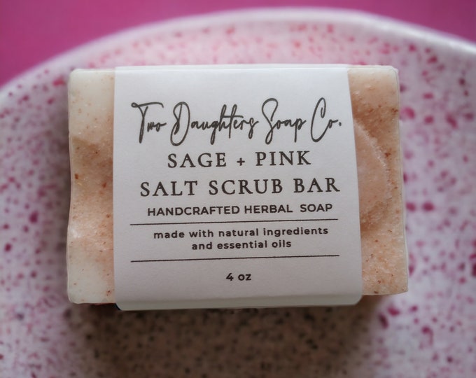 Sage + Pink Salt Scrub Bar 2 or 4oz, Sea Salt Soap, Salt Bar, Sage, Handcrafted Soaps