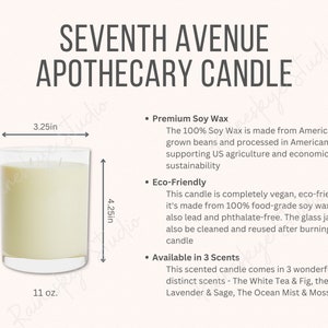 Tabela de tamanhos de velas de vidro de 11 onças do Seventh Avenue Apothecary e principais recursos, maquete de vela de soja premium, ferramentas de vendedor Etsy