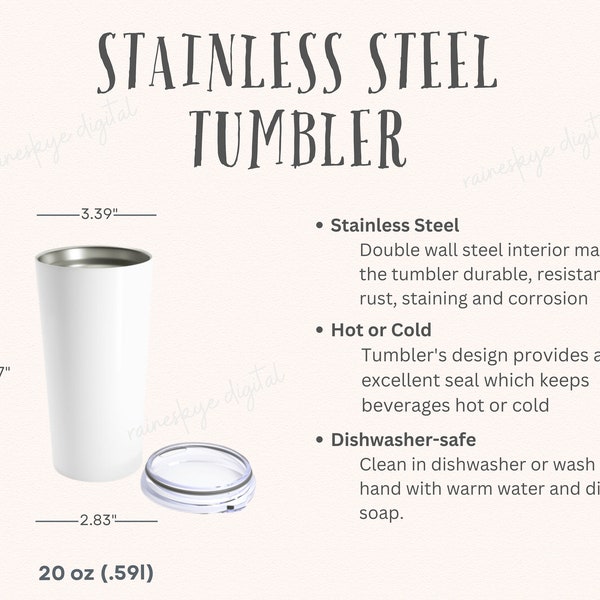 Stainless Steel 20 oz Tumbler Size Chart and Description Mockup, 20 oz Cup Size, Tumbler Mockup