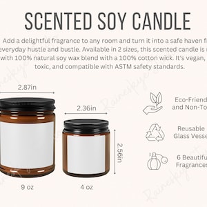 Jarra âmbar de vela de soja perfumada, tabela de tamanhos de 4 onças e 9 onças, principais recursos, descrições de aromas de velas, ferramenta de listagem de vendedores Etsy, inclui 2 arquivos JPG