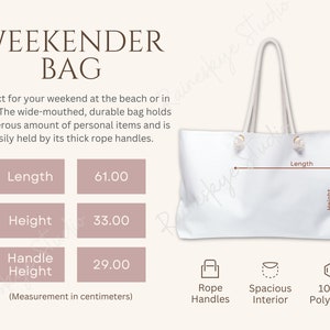 May include: White weekender bag with rope handles. The bag measures 61 inches long, 33 inches high, and the handle height is 29 inches. The bag is made of 100% polyester.
