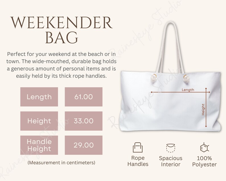 May include: White weekender bag with rope handles. The bag measures 61 inches long, 33 inches high, and the handle height is 29 inches. The bag is made of 100% polyester.