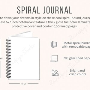 May include: A white spiral bound journal with a laminated cover. The journal is 5x7 inches and has 150 lined pages. The journal has a metal spiral binding with removable pages and 90 gsm lined paper. The journal is shown with a ruler to show its dimensions.