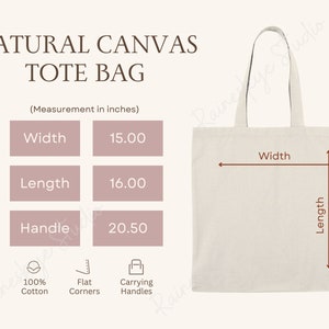 Tabla de tallas y características principales de bolsas de mano naturales, maqueta de S&S Bags 42795, guía de tallas imperiales y métricas, herramientas para vendedores de Etsy, incluye 2 archivos JPG